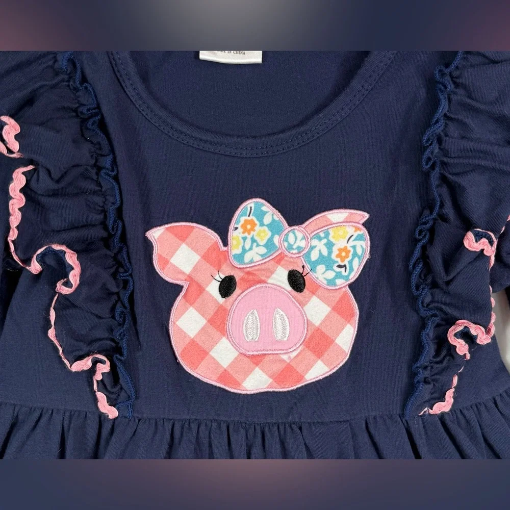 PIGGY FRIENDS Girls Pig Applique Ruffle Dress L 5/6 Gingham Farm‎ Cowgirl 4-H